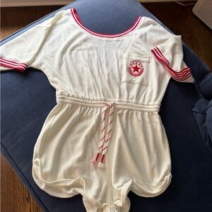 Anthropologie Light Cream and Red Romper